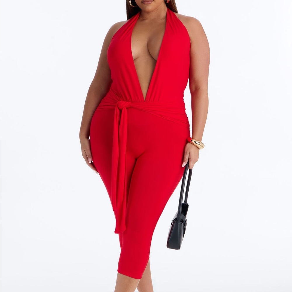 Plus Size Red Halter Tie-Waist Jumpsuit